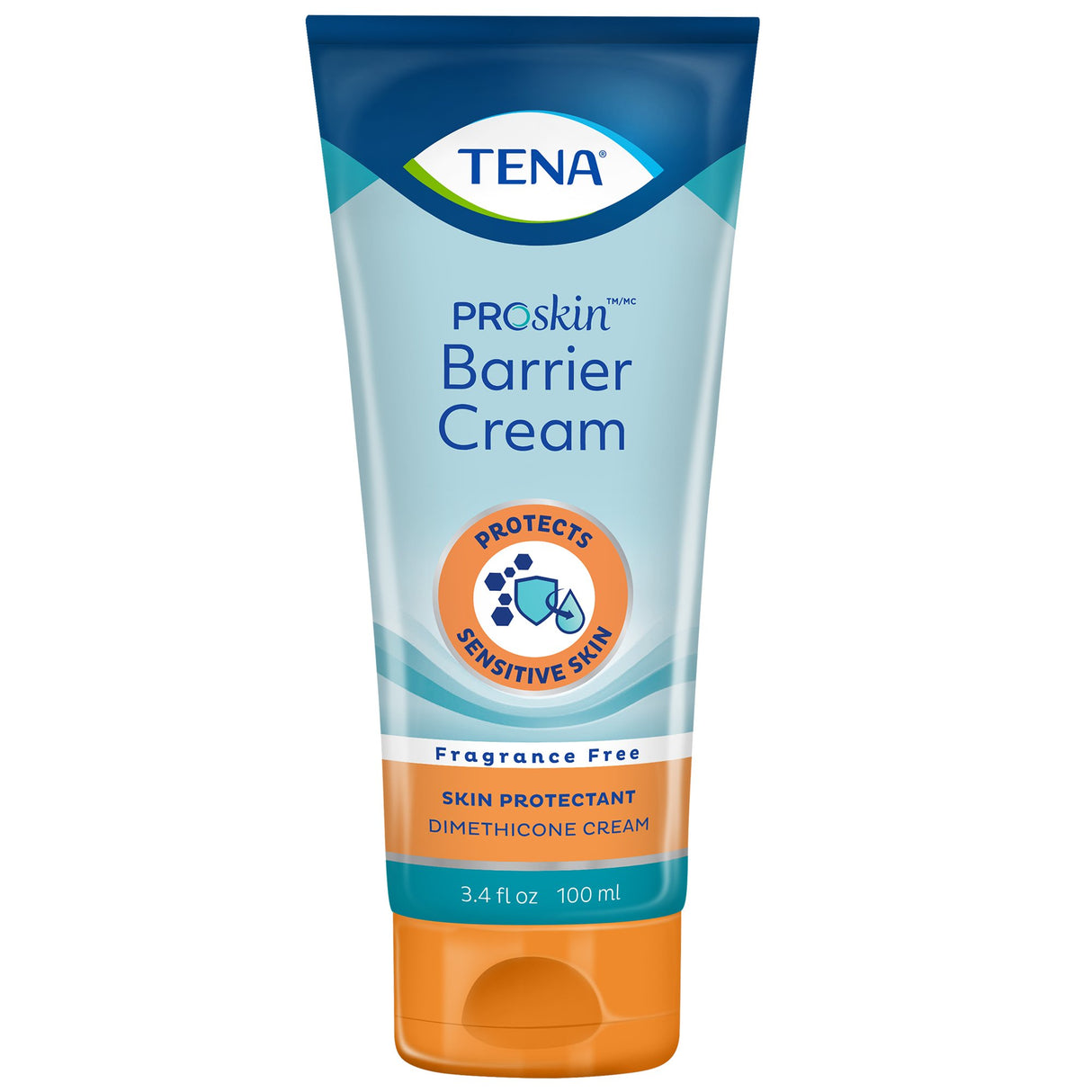 A 3.4 oz tube of TENA ProSkin Barrier Cream Skin Protectant, unscented, for sensitive skin. Features dimethicone and comes in a blue, orange, and white tube with a shield icon to represent effective care.