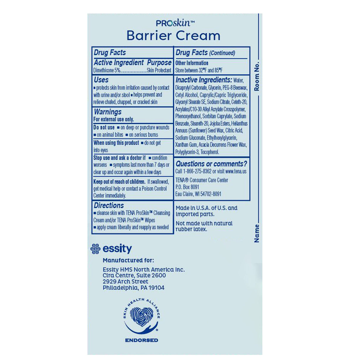 Light blue label for TENA ProSkin Barrier Cream Skin Protectant, Unscented, 3.4 oz Tube lists drug facts, directions, warnings, and ingredients in black text. Provides skin protection for sensitive skin with product info and symbols at the bottom.