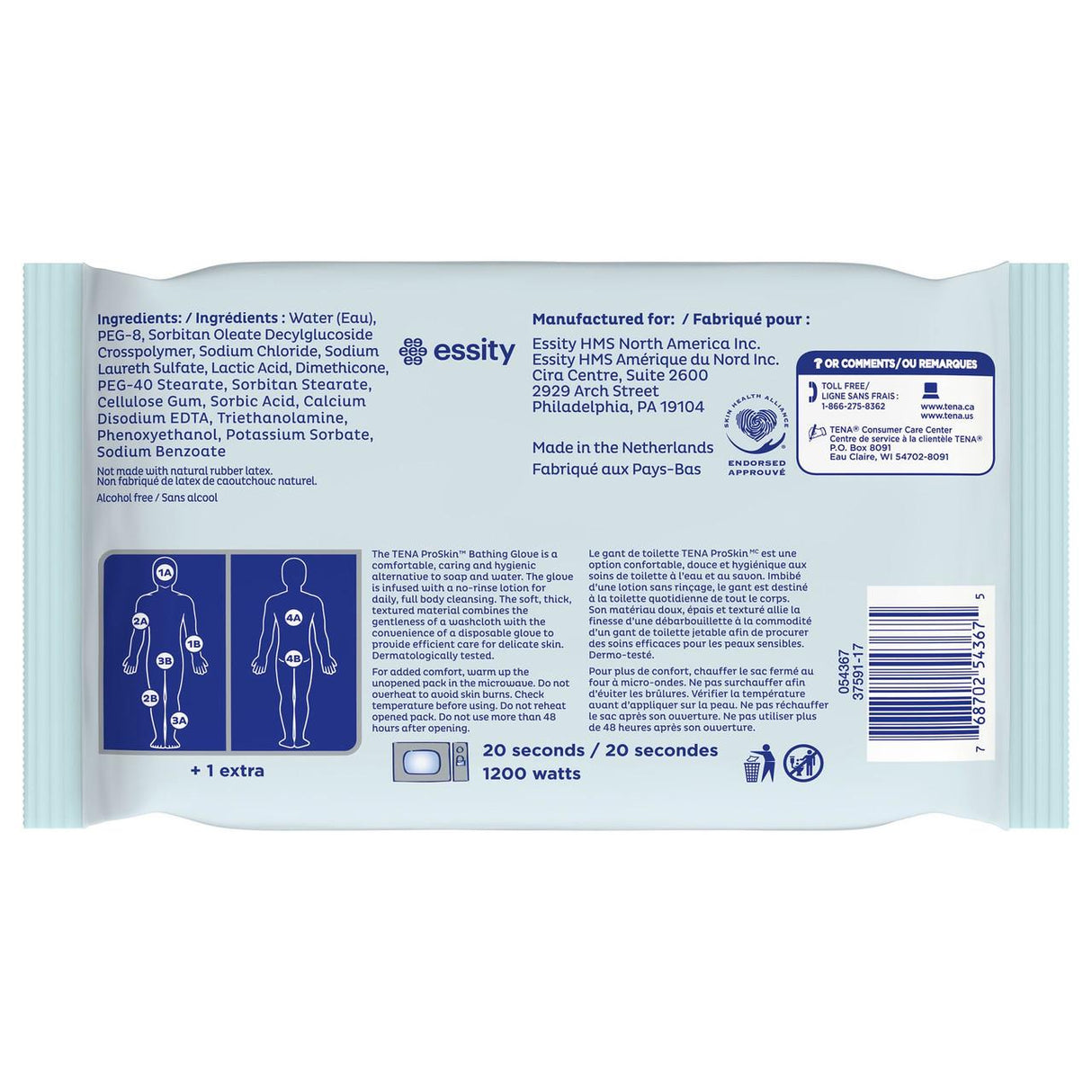 The image shows the back of a TENA ProSkin Bathing Glove pack from TENA, displaying ingredients, usage instructions, barcode, recycling symbols, and body area illustrations on light blue packaging with multilingual text.