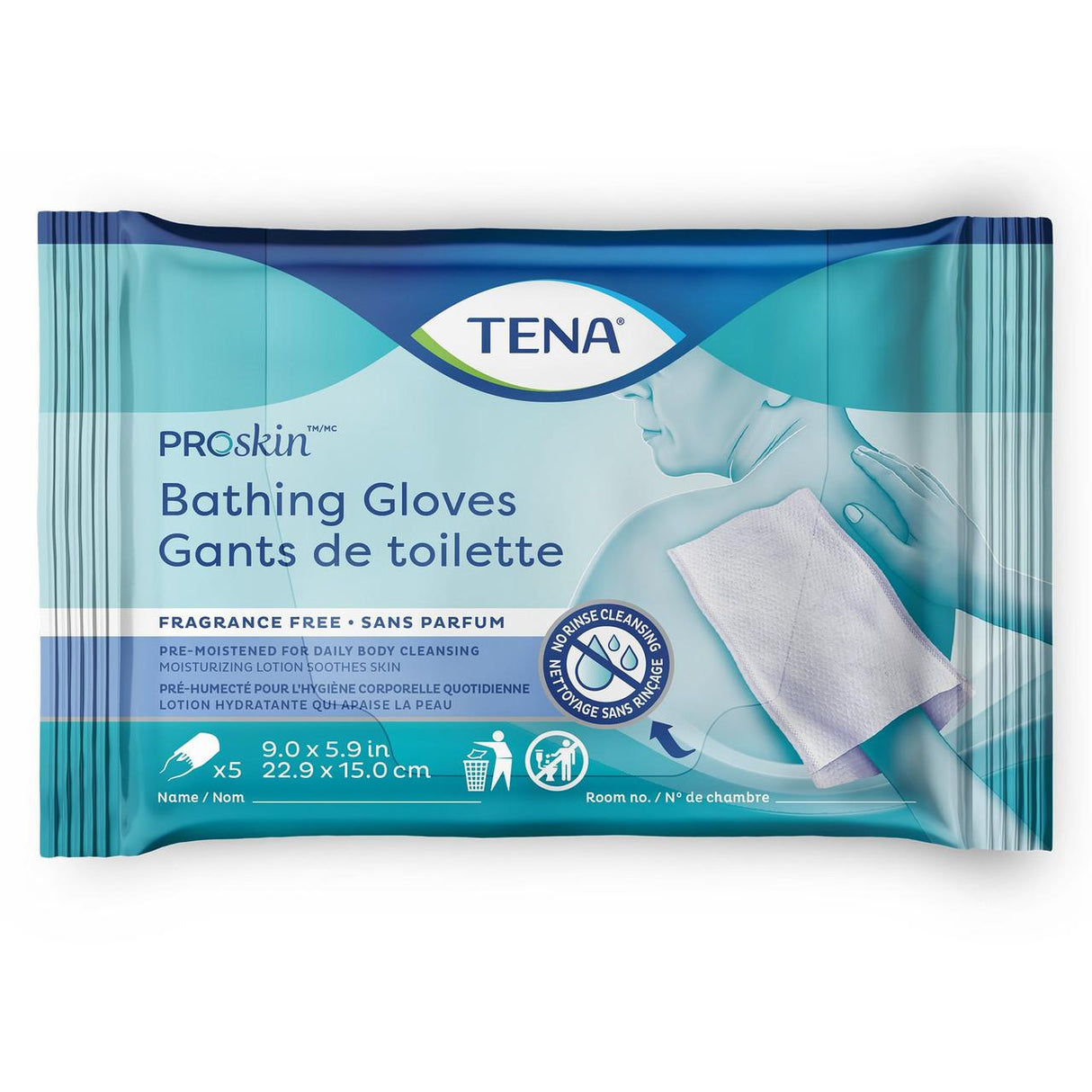 TENA ProSkin Bathing Glove package shows a person cleaning their back. The TENA packaging notes these moisturizing, fragrance-free gloves measure 9 x 5.9 inches (22.9 x 15 cm).