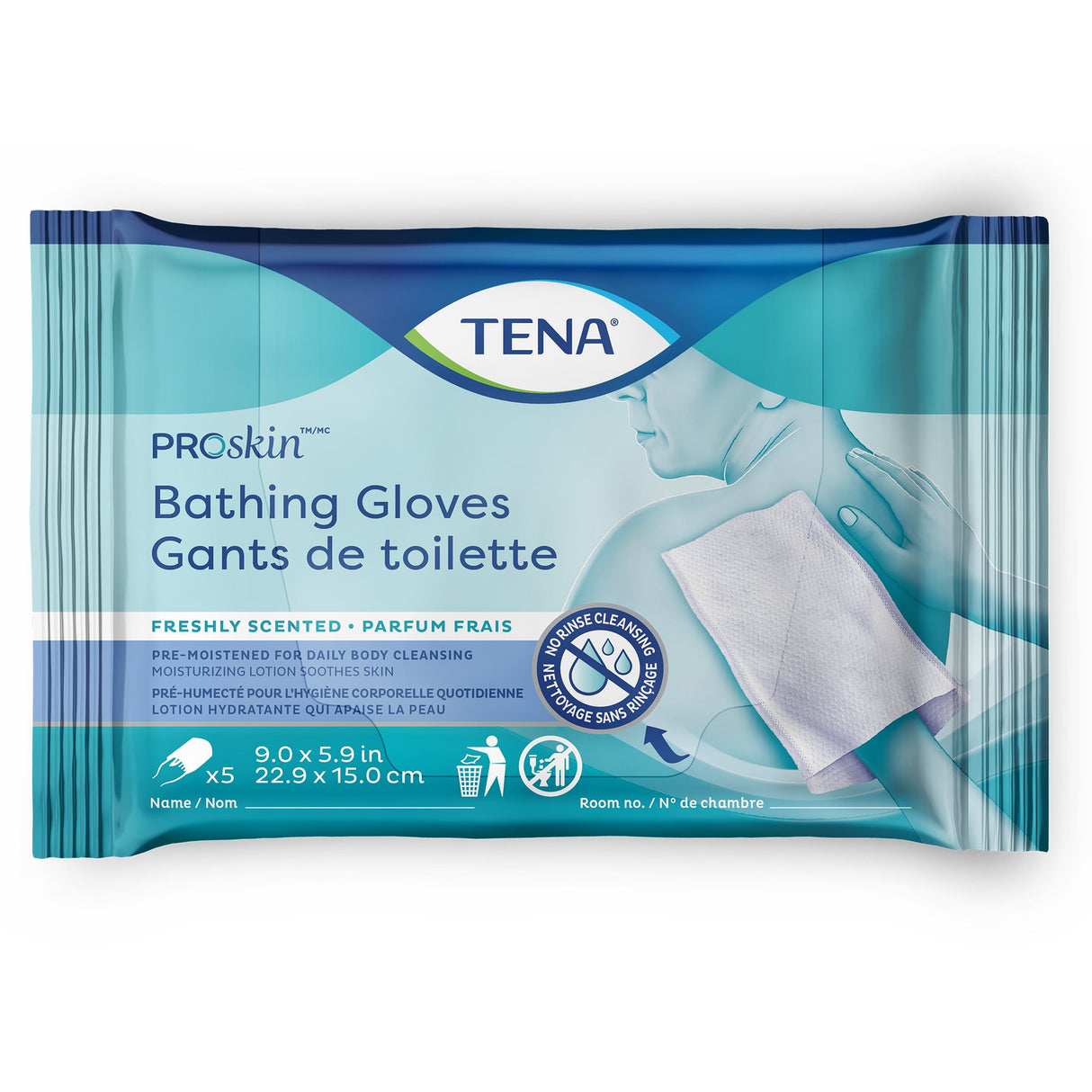 A package of TENA ProSkin Bathing Glove by TENA, showing a person cleaning their back. Contains 5 freshly scented, pre-moistened gloves for daily body cleansing—an easy alternative to pre-moistened washcloths.
