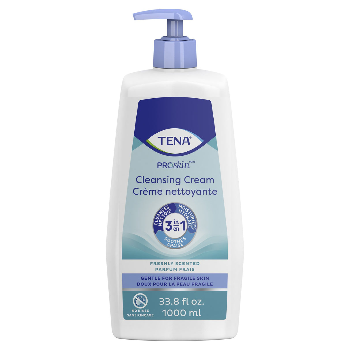 TENA ProSkin Cleansing Cream by TENA, in a 33.8 fl oz (1000 ml) bottle with blue pump, is a no-rinse cleanser for incontinence care that gently cleanses, moisturizes fragile skin, and leaves a fresh scent.