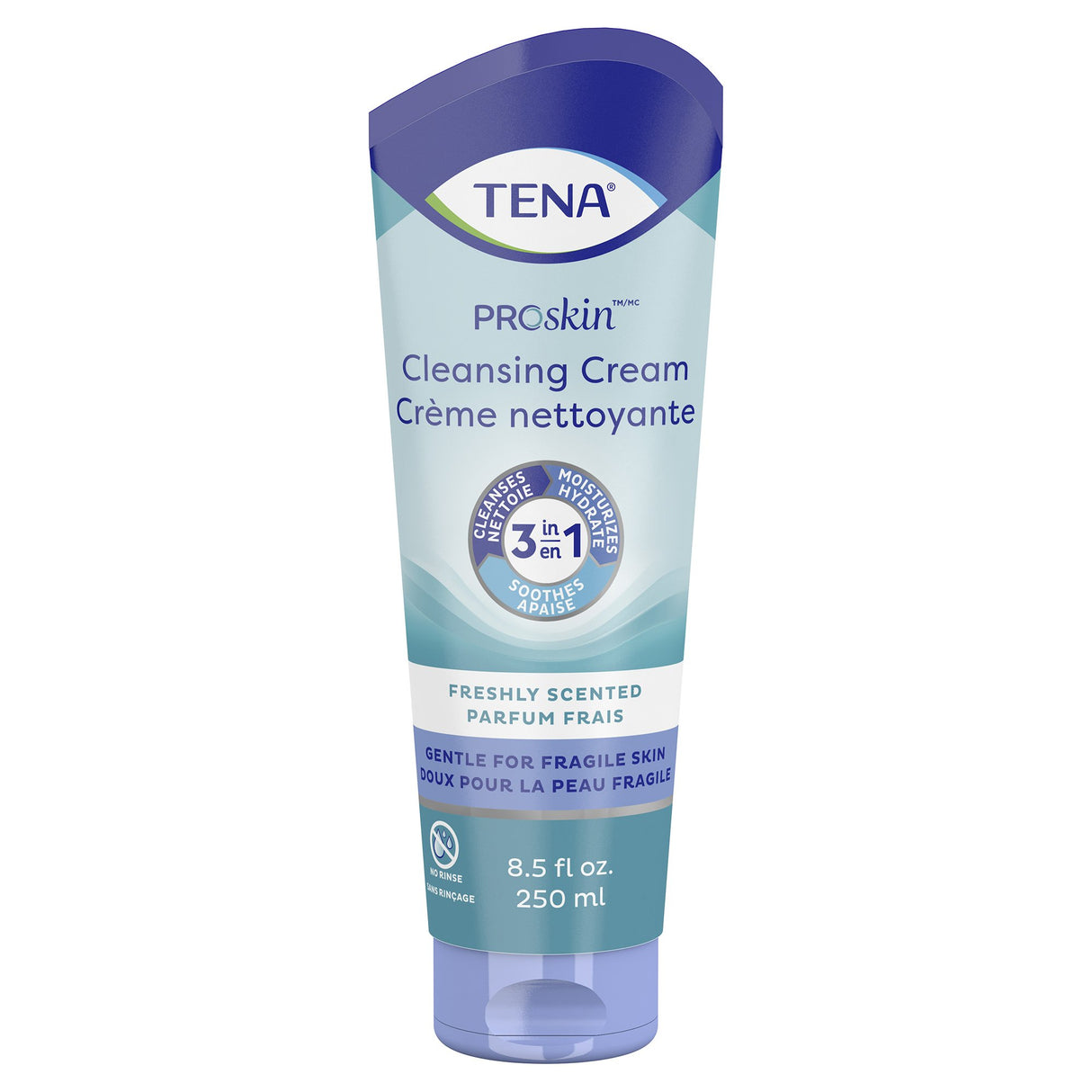 TENA ProSkin Cleansing Cream, 250 ml, comes in blue and white packaging. This no-rinse cleanser gently cleanses, moisturizes, and protects fragile skin with a fresh scent—ideal for incontinence care.