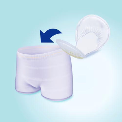 Illustration shows a pair of white protective underwear with an arrow pointing to TENA ProSkin Pads, Day Plus, highlighting these TENA pads as a heavy absorbency solution for urinary incontinence to use inside the underwear.