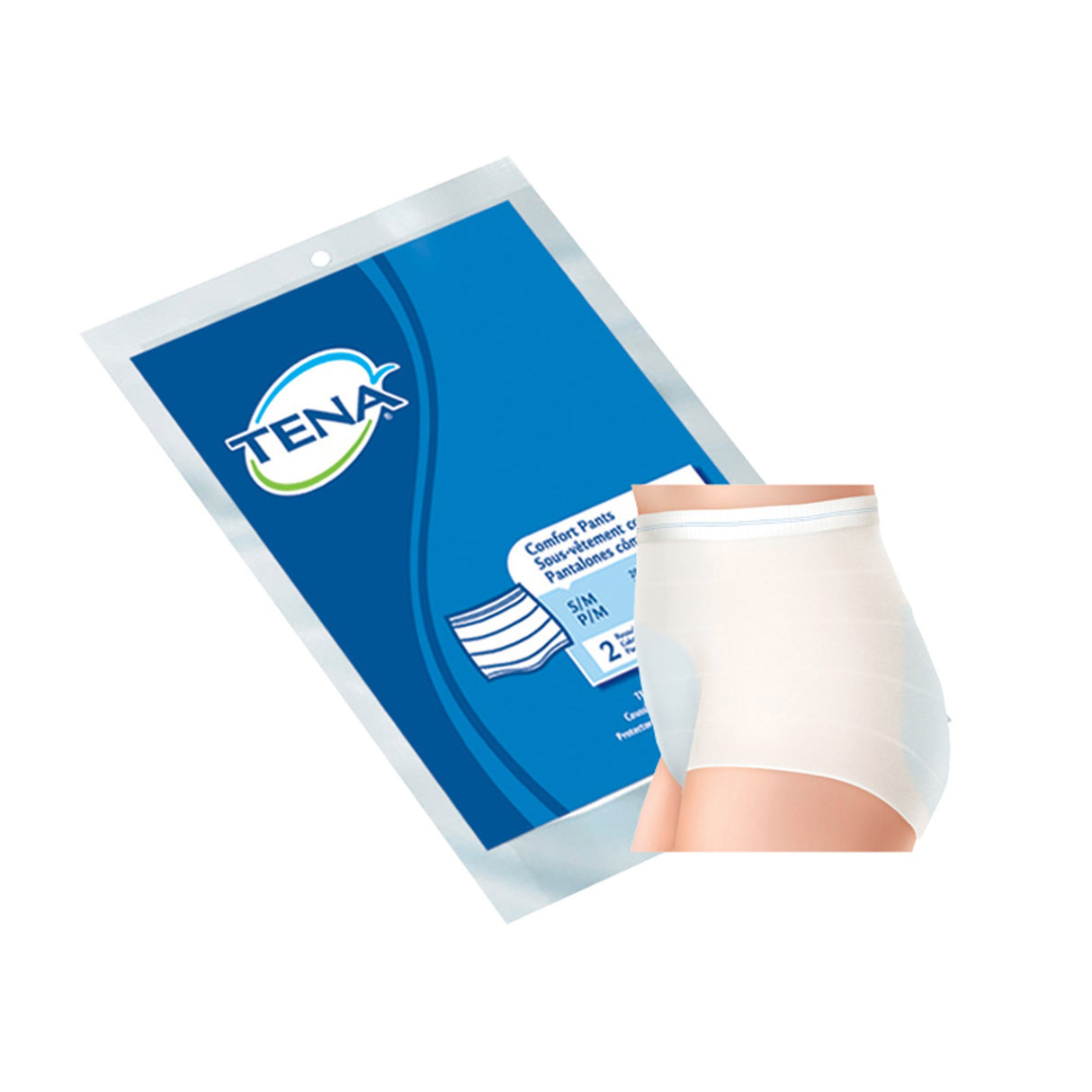 A package of TENA Comfort Pants by TENA is displayed beside a model wearing the white, high-waisted disposable underwear with a discreet fit, all set against a plain white background.