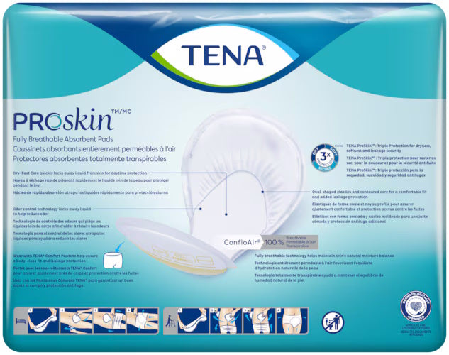 TENA ProSkin Pads, Day Plus for urinary incontinence are shown in a fully breathable, heavy absorbency package with airflow lines, blue-green TENA branding, product benefits, usage instructions, 3x protection, and ConfioAir technology highlighted.