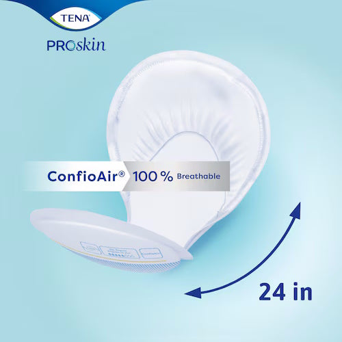The TENA ProSkin Pads, Day Regular by TENA are 24-inch incontinence pads with ConfioAir 100% Breathable technology, shown on a light blue background—ideal for comfortable and absorbent protection.