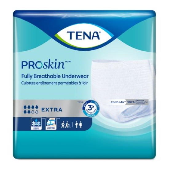 Package of TENA ProSkin Extra Protective Underwear by TENA, showing a white unisex adult diaper with blue details, labeled for extra bladder leakage protection and featuring icons for breathability and comfort.