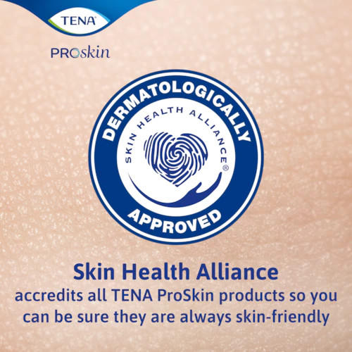 A circular blue and white badge with a heart-shaped fingerprint and hand reads DERMATOLOGICALLY APPROVED. Below, it states TENA ProSkin Flex Maxi Belted Brief by TENA is Skin Health Alliance accredited as skin-friendly with heavy absorbency.