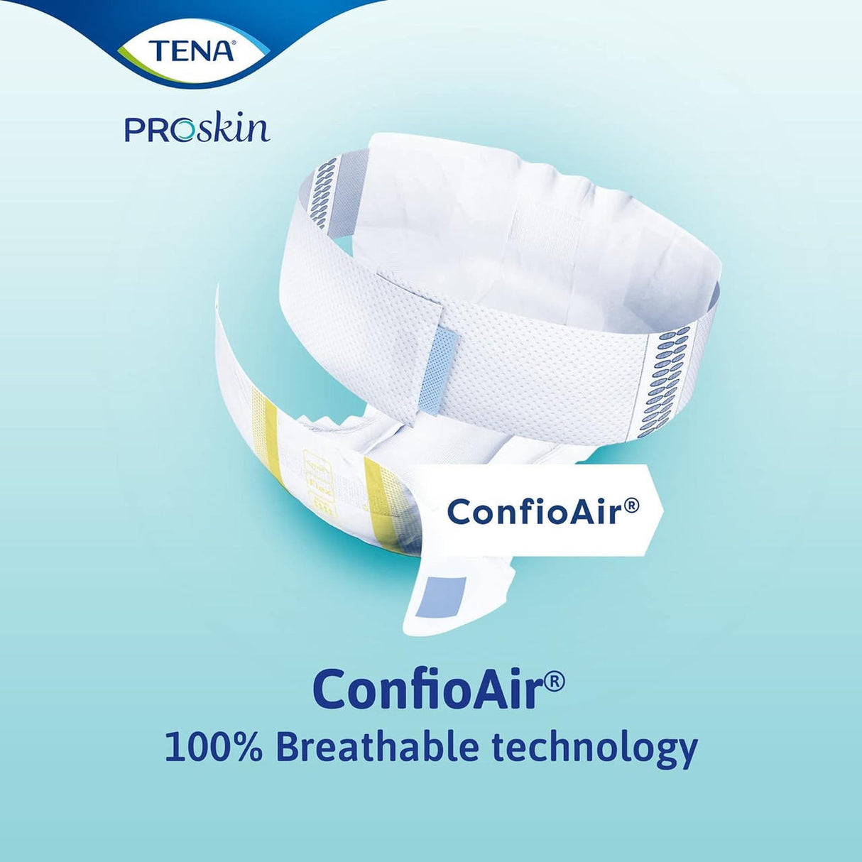 A TENA ProSkin Flex Maxi Belted Brief from TENA rests on a blue background with “ConfioAir 100% Breathable technology” text. The white brief for heavy absorbency includes yellow and blue markings.
