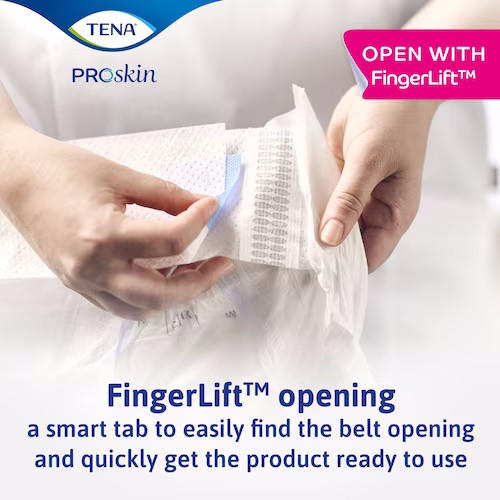 Close-up of hands opening a TENA ProSkin Flex Maxi Belted Brief with the FingerLift™ tab, highlighting TENA’s easy-open feature for rapid access and heavy absorbency.