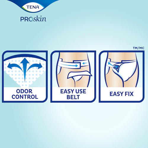 Illustration of TENA ProSkin Flex Super Belted Brief by TENA: advanced incontinence protection, odor control, secure absorbent belt with easy side fastening feature—all on a light blue background.