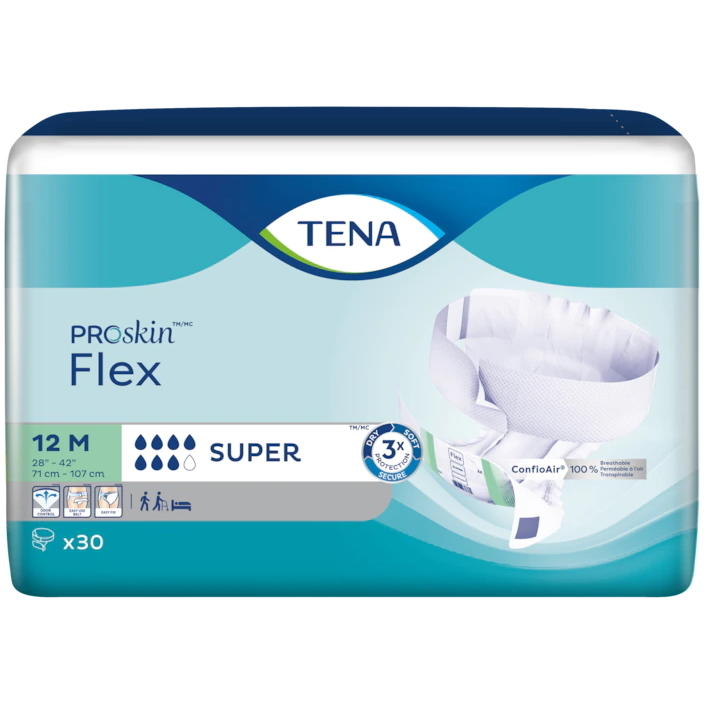 The TENA ProSkin Flex Super Belted Brief by TENA, size medium (28-42 waist), offers super absorbency with an absorbent belt. This pack contains 30 briefs and features an image of an opened brief on the front.