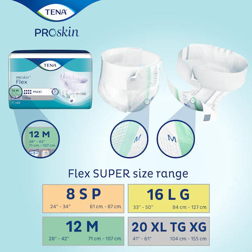 TENA ProSkin Flex Super Belted Briefs by TENA shown with packaging and product images. Size chart: S (61-87 cm), M (71-107 cm), L (83-127 cm), XL (105-153 cm) for reliable incontinence protection.