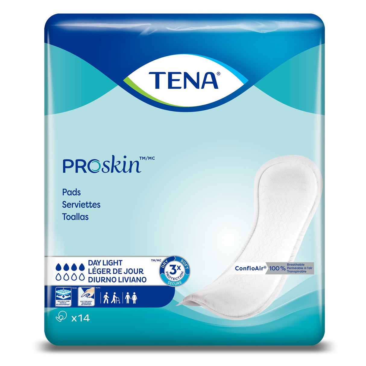 The TENA ProSkin Pads, Day Light pack shows a single pad and details in English, French, and Spanish; providing discreet, 3x protection for light bladder leakage with 14 pads per pack—ideal for light incontinence. Brand: TENA.