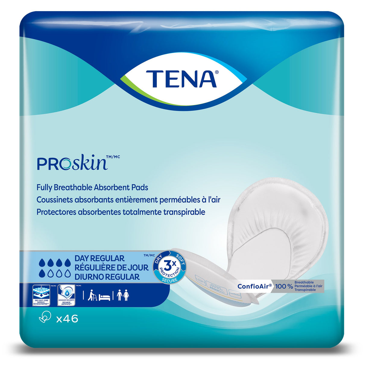 The TENA ProSkin Pads, Day Regular package by TENA features breathable absorbent pads, key product info, a pack of 46, and a blue-green background with the TENA logo—perfect for those needing reliable incontinence protection.