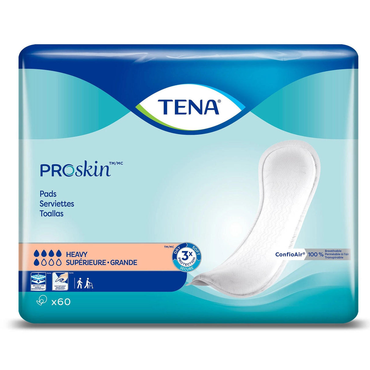 A package of TENA ProSkin Pads Heavy by TENA, showing a single women’s incontinence pad, blue and white design, with text noting 60 pads per pack and superior absorbency for heavy bladder leaks.