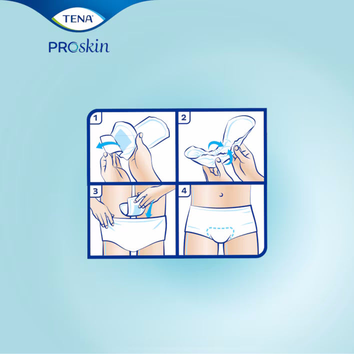 Illustration shows four steps to use TENA ProSkin Pads, Ultimate by TENA: 1) Open pad, 2) Remove adhesive backing, 3) Place the breathable pad in underwear, 4) Wear underwear with TENA ProSkin Pad inside.