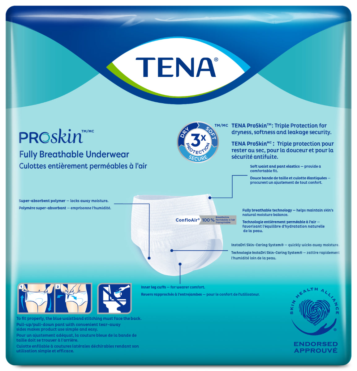 TENA ProSkin Plus Protective Underwear packaging features product illustrations and highlights comfort, breathability, and triple protection for dryness, softness, and leakage security—ideal for managing incontinence.