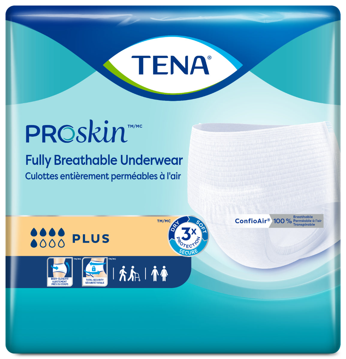 The TENA ProSkin Plus Protective Underwear package by TENA shows white disposable incontinence underwear, highlights “Plus” and “3x Protection,” and displays English and French info on a blue-green background.