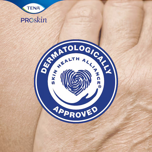 A blue circular badge reading Dermatologically Approved and Skin Health Alliance appears on TENA Proskin Pads, Day Plus by TENA. The badge features a fingerprint heart held by a stylized hand.
