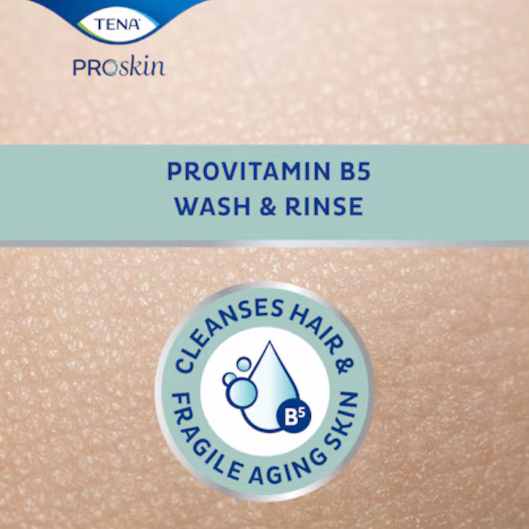Close-up of skin with a TENA ProSkin Body Wash & Shampoo Fragrance Free label. Below, a circular icon shows a water droplet and B5 symbol, stating pH-balanced cleansing for hair & fragile aging skin.