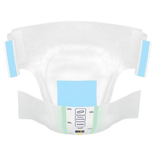 The TENA ProSkin Stretch Super 3XL Bariatric Briefs by TENA are white, breathable adult diapers with blue fastening tabs and a sizing label on the front waistband, shown open and flat against a plain background.