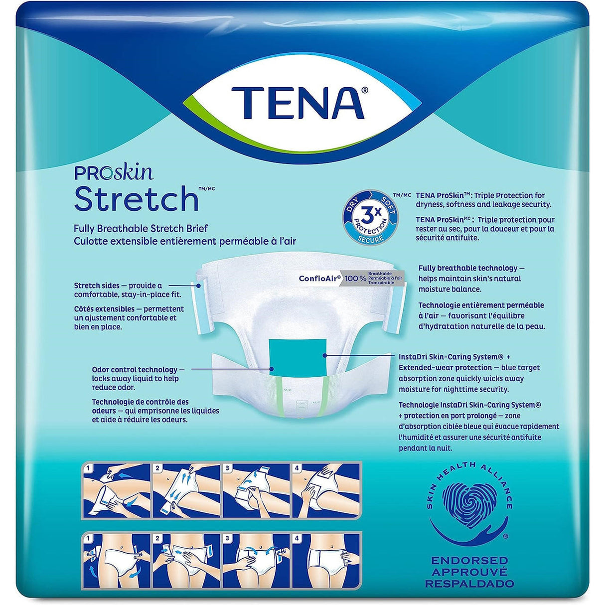 TENA ProSkin Stretch Super 3XL Bariatric Briefs packaging showcases white and blue overnight briefs, featuring 3x protection, breathability, odor control, easy instructions, and Skin Health Alliance endorsement.