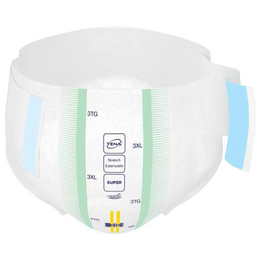 The TENA ProSkin Stretch Super 3XL Bariatric Briefs are breathable white adult diapers with green stripes, blue side tabs, and size markings. They offer absorbency, comfort, a stretchable waistband, and printed info on the front.