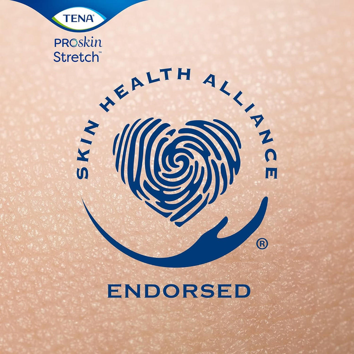 Close-up of skin with the Skin Health Alliance Endorsed logo—a blue heart-shaped fingerprint held by a hand. TENA ProSkin Stretch Super Briefs branding appears at the top left corner.