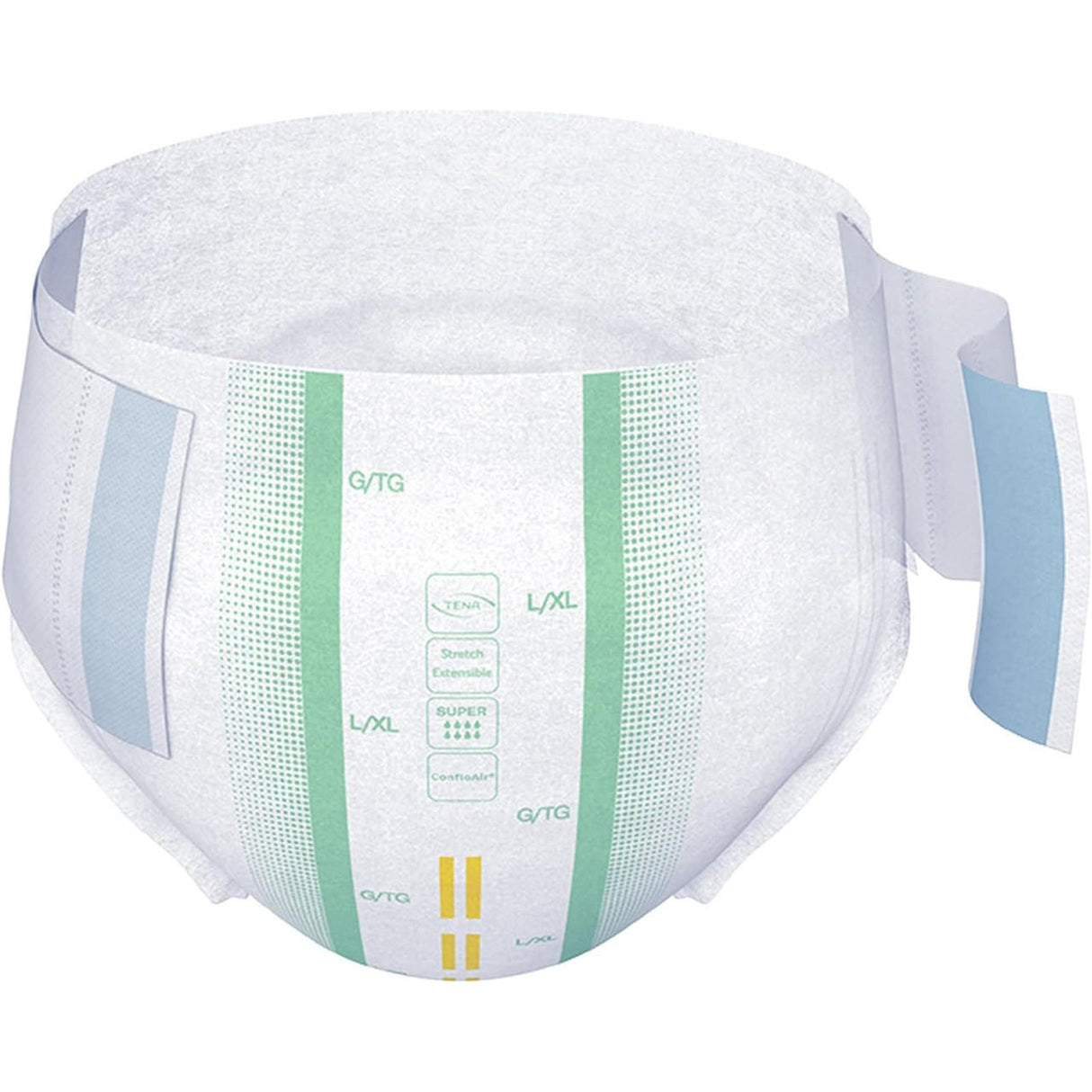TENA ProSkin Stretch Super Briefs by TENA offer overnight incontinence protection with breathable stretch sides, adhesive tabs, green and yellow indicator lines on the front, and a soft white texture.