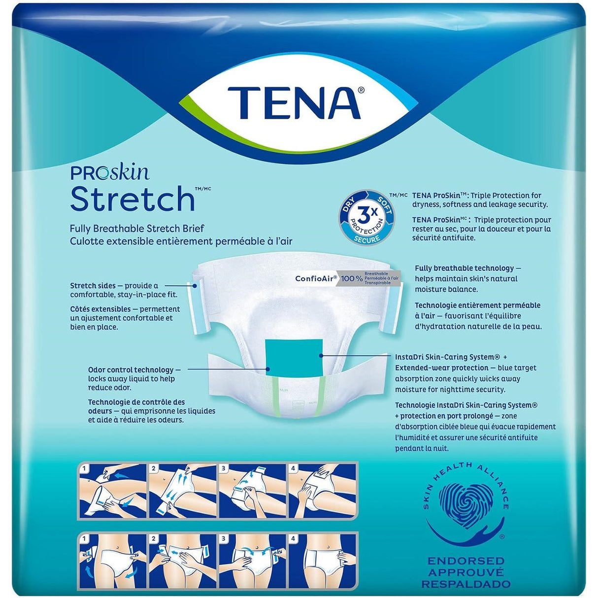 Packaging for TENA ProSkin Stretch Super Briefs by TENA features product imagery, overnight incontinence protection, breathable stretch sides, and a blue Skin Health Alliance logo. All text is provided in both English and French.