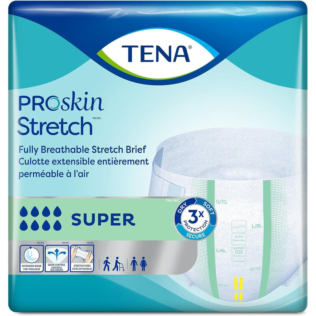 TENA ProSkin Stretch Super Briefs by TENA feature breathable stretch sides, blue and green accents, odor protection, super absorbency, and icons highlighting comfort, security, breathability, and overnight incontinence protection.