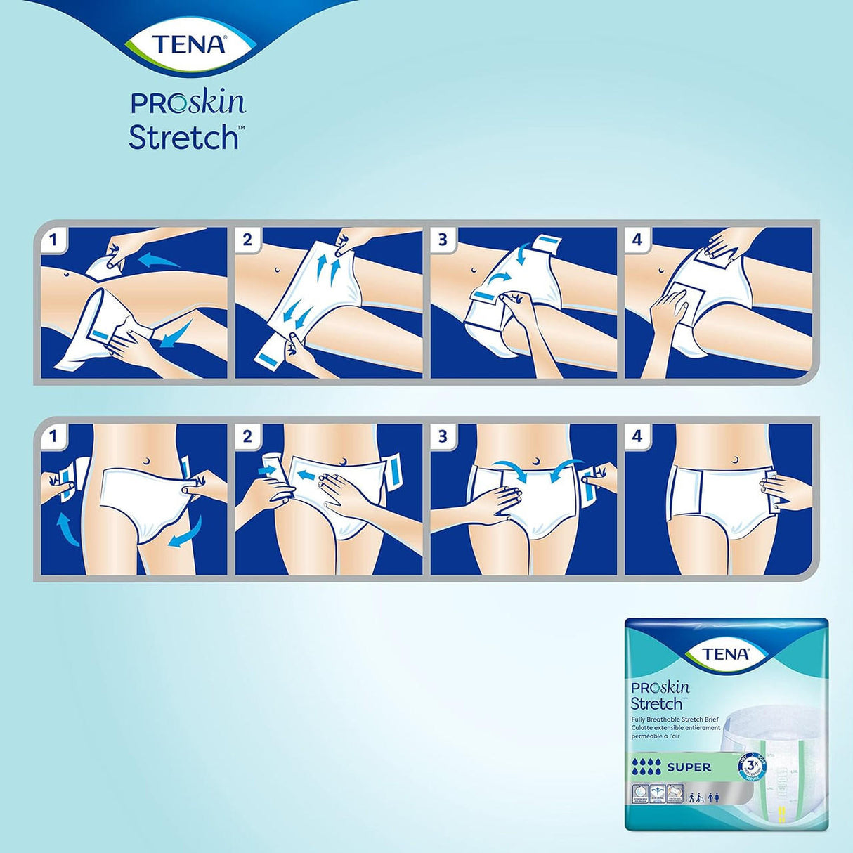 Illustrated instructions show how to put on and secure TENA ProSkin Stretch Super Briefs from TENA, with breathable stretch sides for comfort. Numbered steps guide application, adjustment, and fastening. The product packaging appears bottom right.
