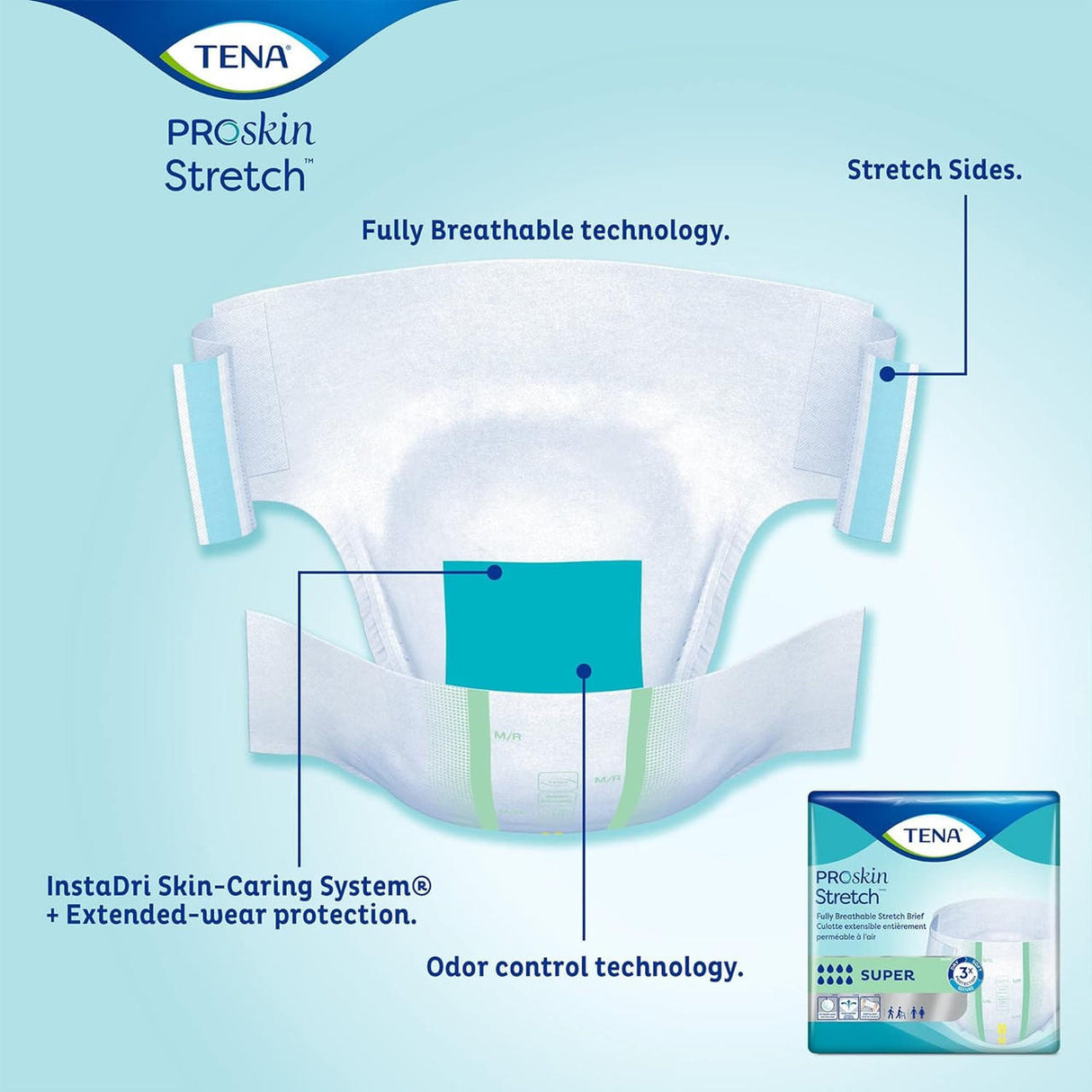 TENA ProSkin Stretch Super Briefs are shown with labels highlighting fully breathable stretch sides, odor control, and the InstaDri Skin-Caring System for overnight incontinence protection and extended-wear comfort.