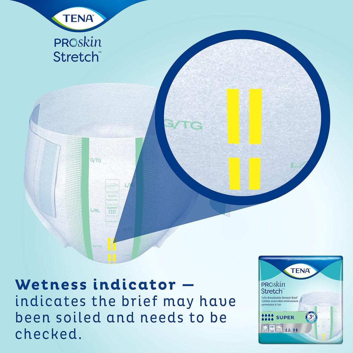 A close-up of TENA ProSkin Stretch Super Briefs shows two yellow wetness indicator lines that signal when the brief may need changing. Breathable stretch sides and TENA product packaging are also visible.