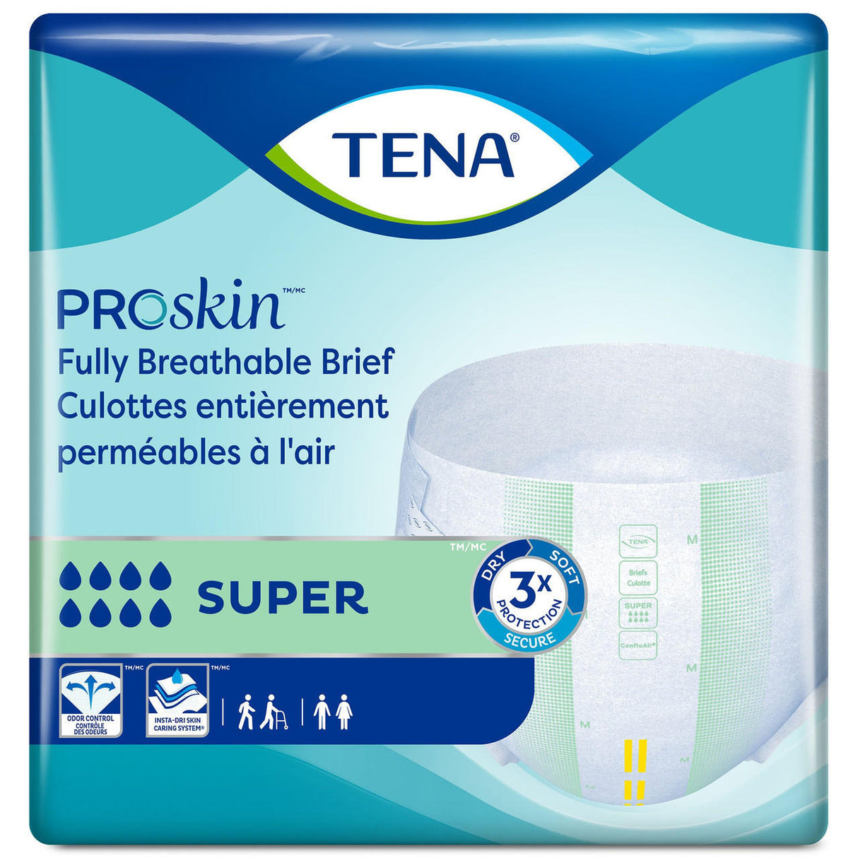 TENA ProSkin Super Adult Briefs package features a large TENA diaper image, overnight absorbency and protection icons, and English-French text highlighting its skin-caring system, breathability, and secure fit.