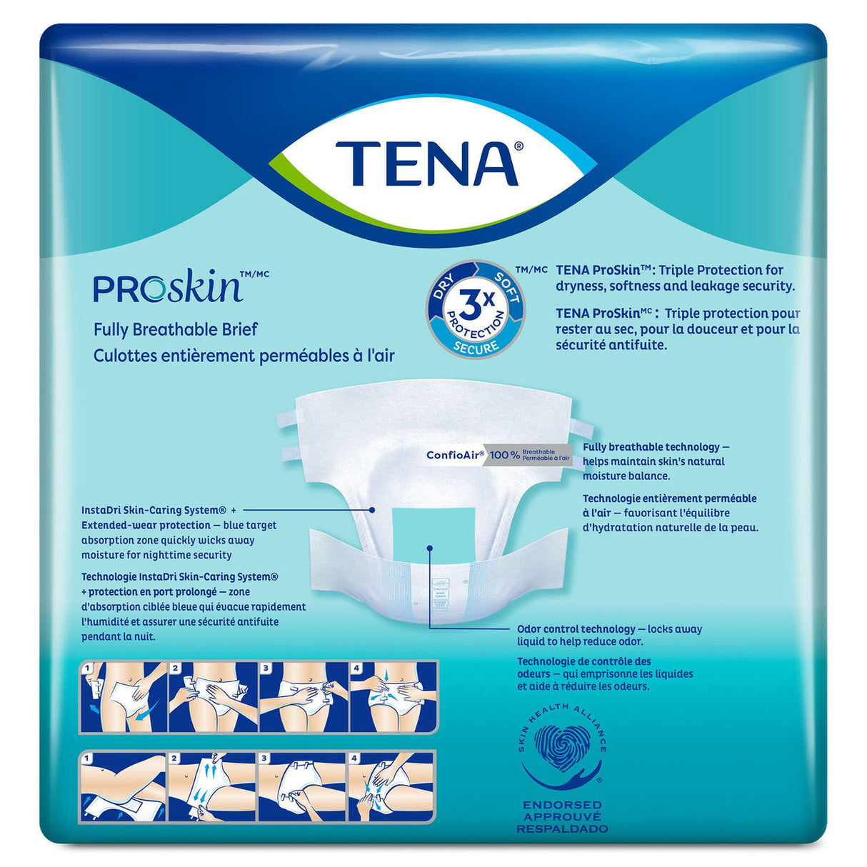 Package of TENA ProSkin Ultra Adult Incontinence Briefs by TENA, fully breathable, heavy absorbency, featuring product details, a brief diagram, and usage instructions. The blue design includes white text and accents.