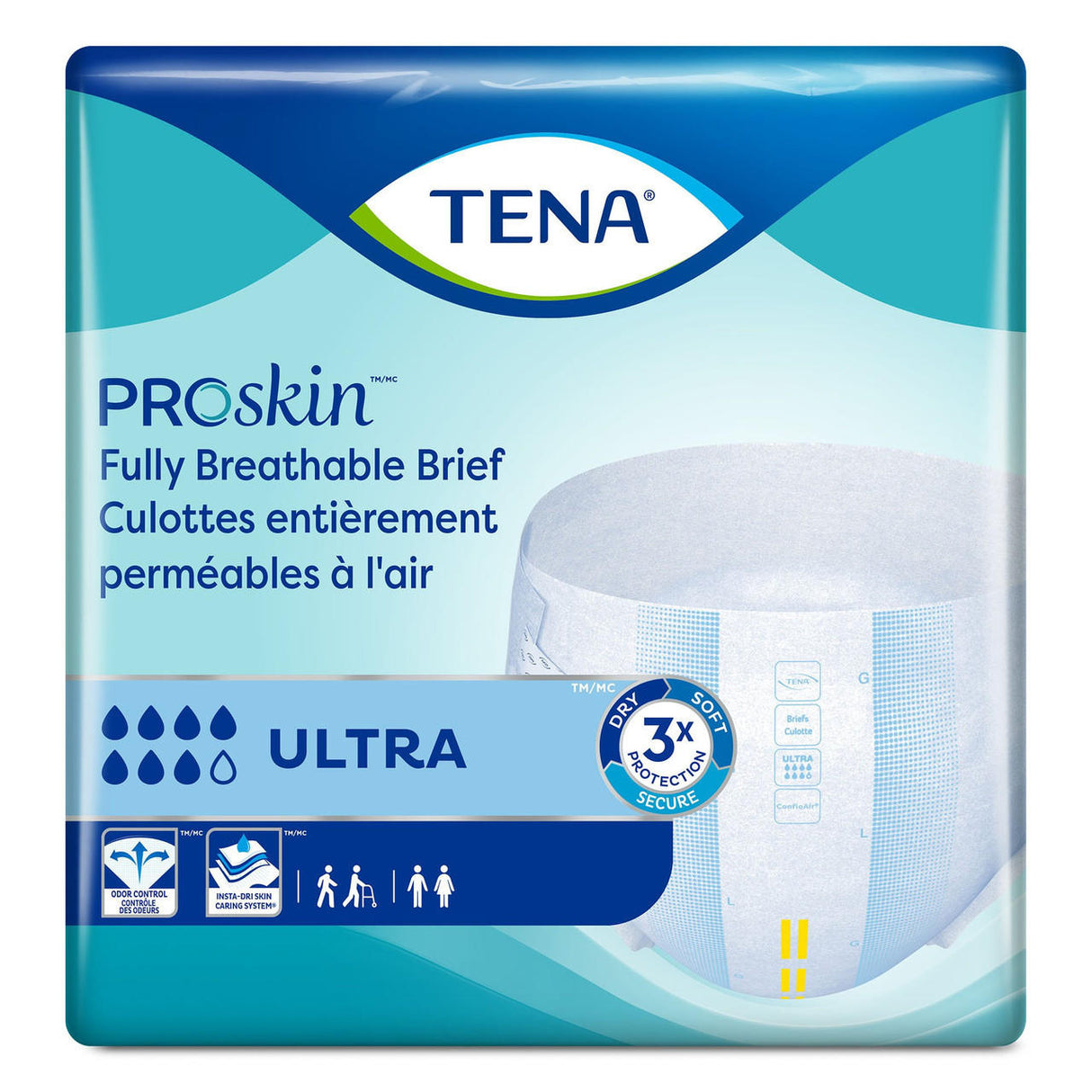 The TENA ProSkin Ultra Adult Incontinence Briefs package by TENA features a large product image, blue and white colors, plus icons for heavy absorbency, unisex use, and breathable protection.