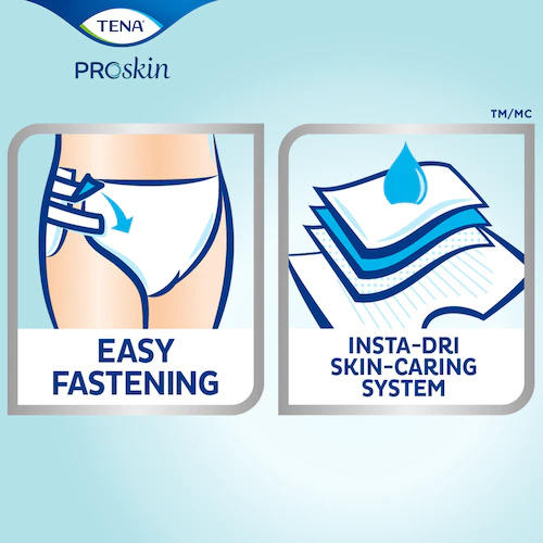 Illustration shows TENA ProSkin Youth Diapers by TENA with easy fastening tabs, Insta-DRI skin-caring layers, overnight absorbency, and a water droplet icon for odor control.