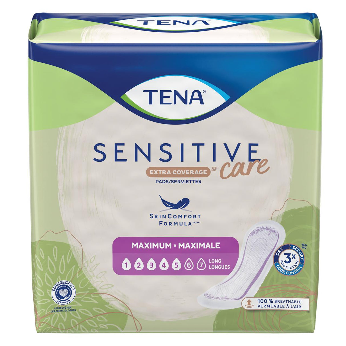 TENA Sensitive Care Extra Coverage Maximum Long Pads, by TENA, feature maximum absorbency and breathability for post-partum incontinence. The green and white packaging displays the pad and promotes SkinComfort Formula.
