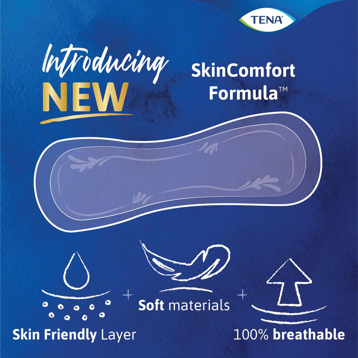 A TENA image displays TENA Sensitive Care Extra Coverage Moderate Incontinence Pads with text: Featuring NEW SkinComfort Formula™, skin-friendly layer, soft materials, and 100% breathability for bladder leakage protection on a blue background.