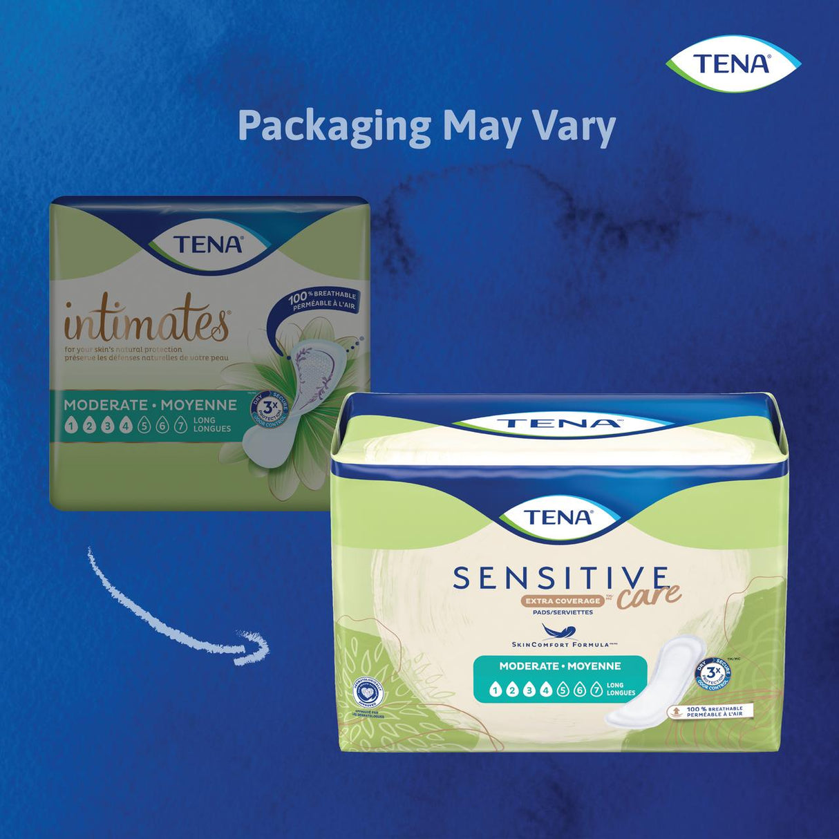Two packages of TENA Sensitive Care Extra Coverage Moderate Incontinence Pads are shown on a blue background, providing reliable bladder leakage protection. One package is labeled Intimates, the other Sensitive Care. Note above reads: Packaging May Vary.