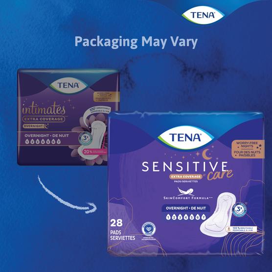 Two packs of TENA Sensitive Care Extra Coverage Overnight Pads are shown, featuring blue-purple designs and pad images. Packaging may vary. Designed for overnight post-partum incontinence protection.