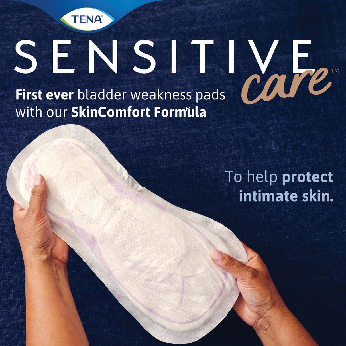 A person holds a TENA Sensitive Care Extra Coverage Overnight Pad against a dark blue background. The text highlights its SkinComfort Formula, providing gentle protection for intimate skin—ideal for post-partum incontinence care.