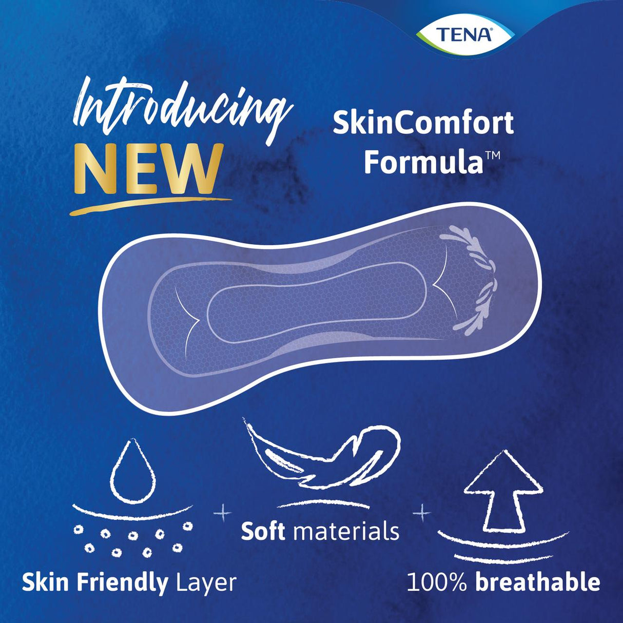 A TENA ad features the new TENA Sensitive Care Extra Coverage Overnight Pads with SkinComfort Formula. The pads offer a skin-friendly layer, soft materials, and 100% breathability, shown with text and icons on a blue background.
