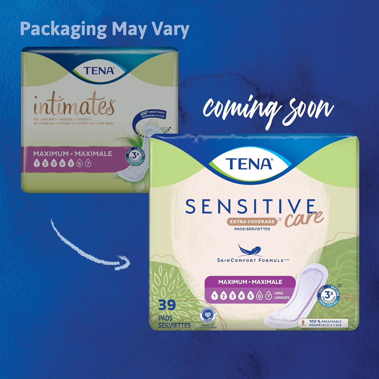 Two TENA bladder leakage pads are shown: TENA Intimates and the new TENA Sensitive Care Maximum Pads. Both offer maximum absorbency and similar designs, providing trusted protection.
