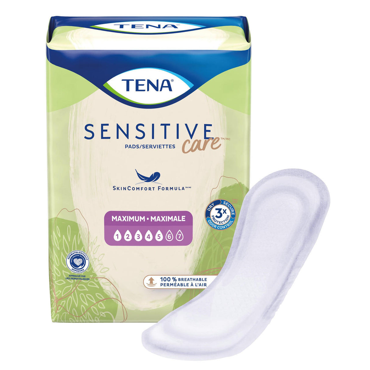 A package of TENA Sensitive Care Maximum Pads by TENA is shown with one pad in front. The green and white packaging includes blue and purple accents, emphasizing Maximum absorbency and the SkinComfort Formula.