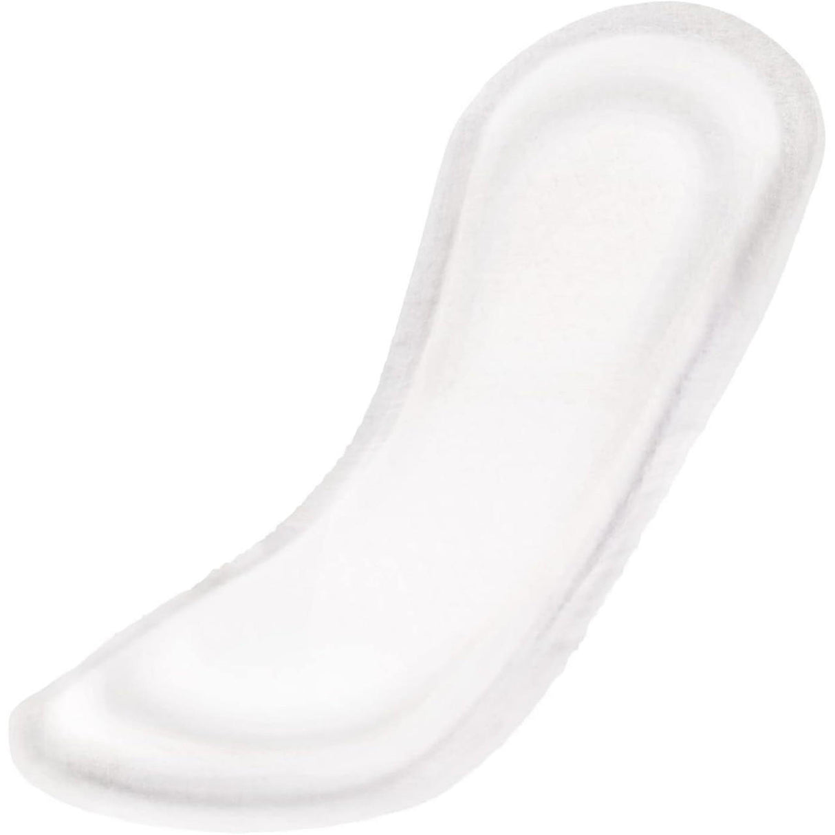 A close-up of a single TENA Sensitive Care Maximum Pad by TENA, white and curved with a soft, textured surface for maximum absorbency, shown on a plain white background.
