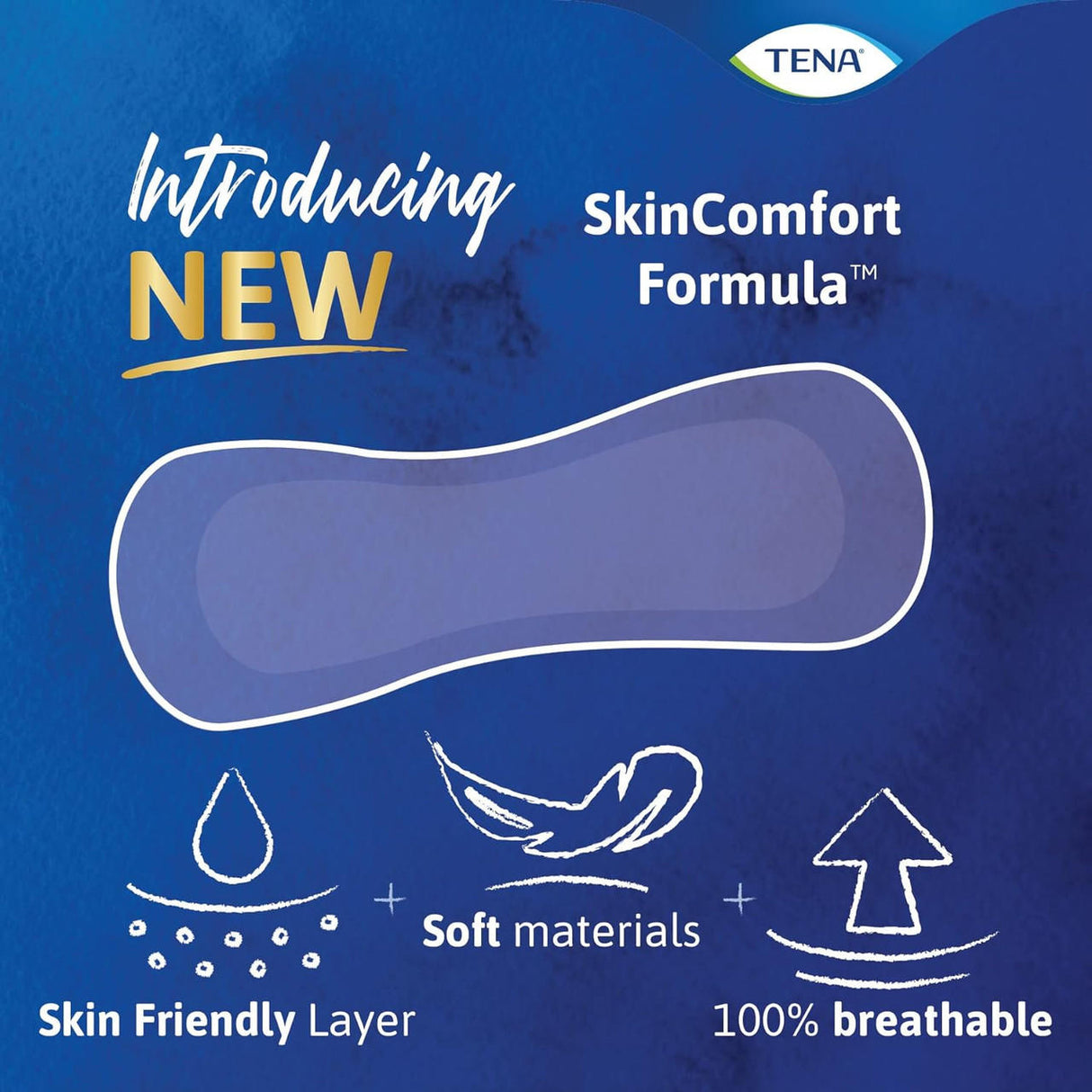 Promotional image for TENA Sensitive Care Maximum Pads, showcasing an outline of the pad with icons and text highlighting a skin-friendly layer, soft materials, maximum absorbency, and 100% breathability on a blue background.